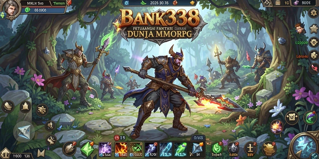 Screenshot BANK338 menampilkan aksi pertarungan karakter dalam dunia MMORPG yang luas.