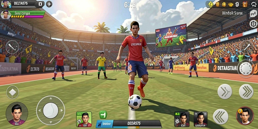 Tampilan utama gameplay DELTA575 dengan aksi olahraga seru dan grafik menawan.