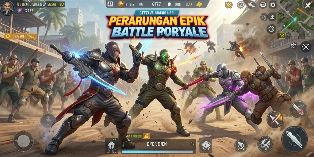 Tampilan gameplay menegangkan dari GT777 dalam pertandingan Battle Royale.