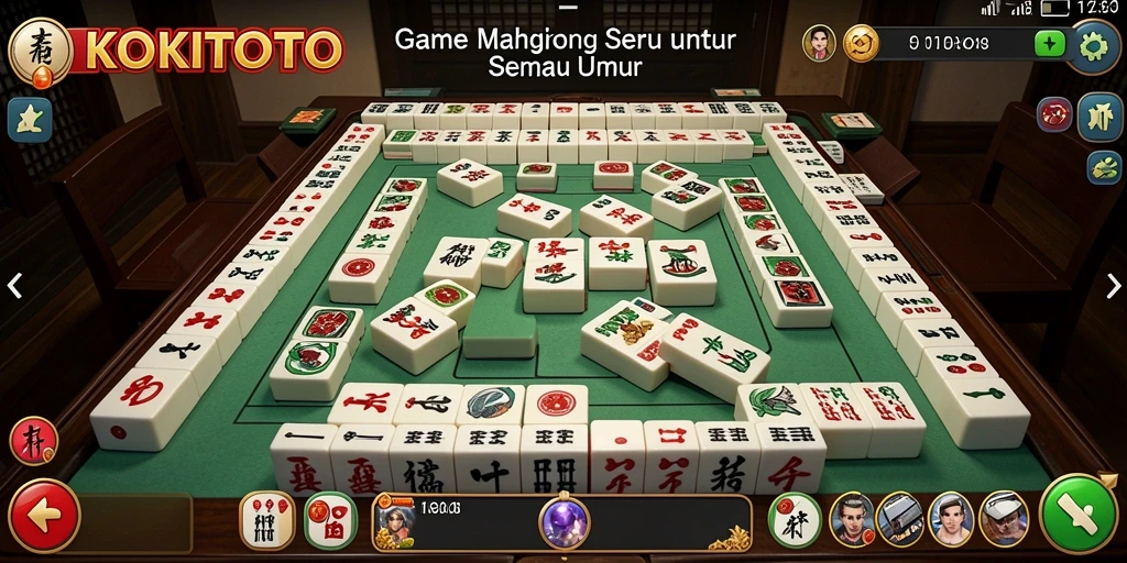 Tampilan menarik dari gameplay KOKITOTO dengan batu Mahjong berwarna-warni.