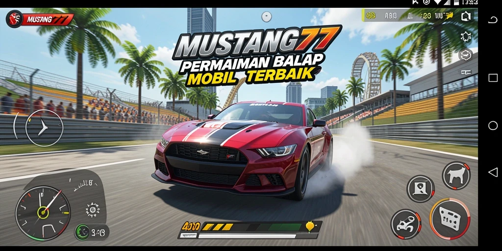 Tangkapan layar gameplay MUSTANG77 yang menampilkan aksi balapan yang mendebarkan.