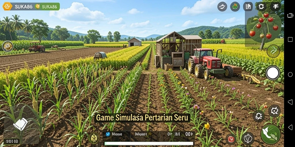 Tangkapan layar utama SUKA86 menampilkan ladang yang subur dengan berbagai tanaman.