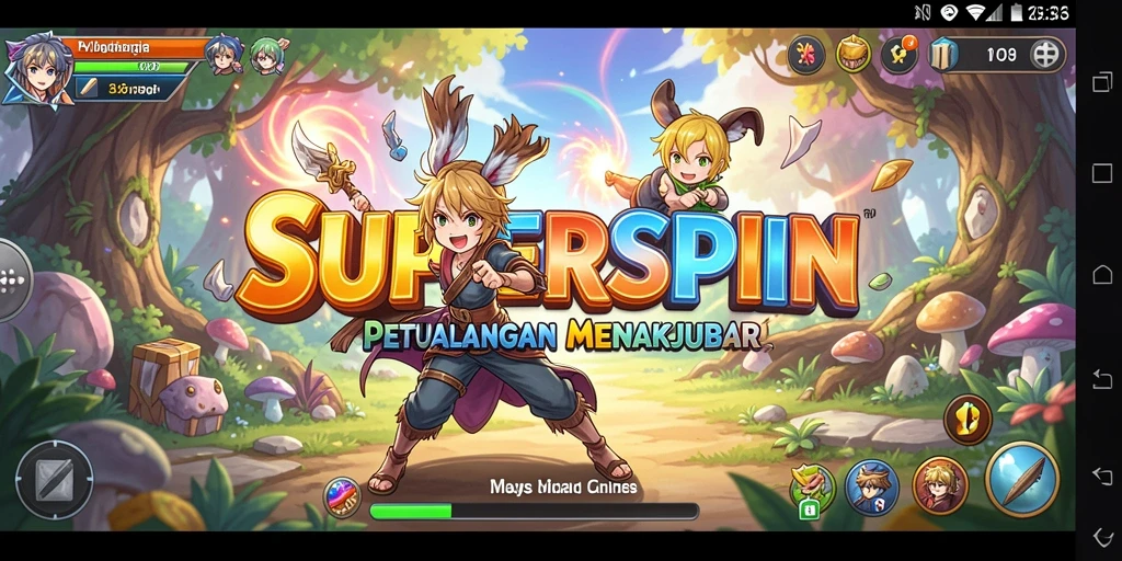 Screenshot gameplay SUPERSPIN menampilkan karakter anime yang beraksi.